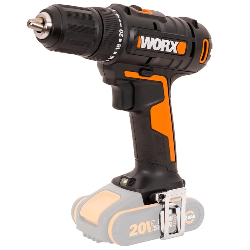 Дрель-шуруповерт WORX WX108 20V 45Нм аккумуляторная, с двумя АКБ на 2 А*ч и ЗУ в кейсе